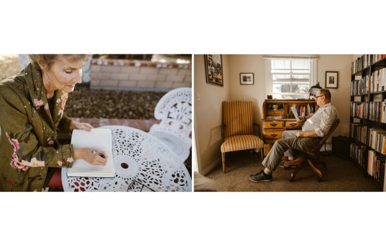 Elderly couple maintaining their connection through handwritten letters indoors and outdoors.